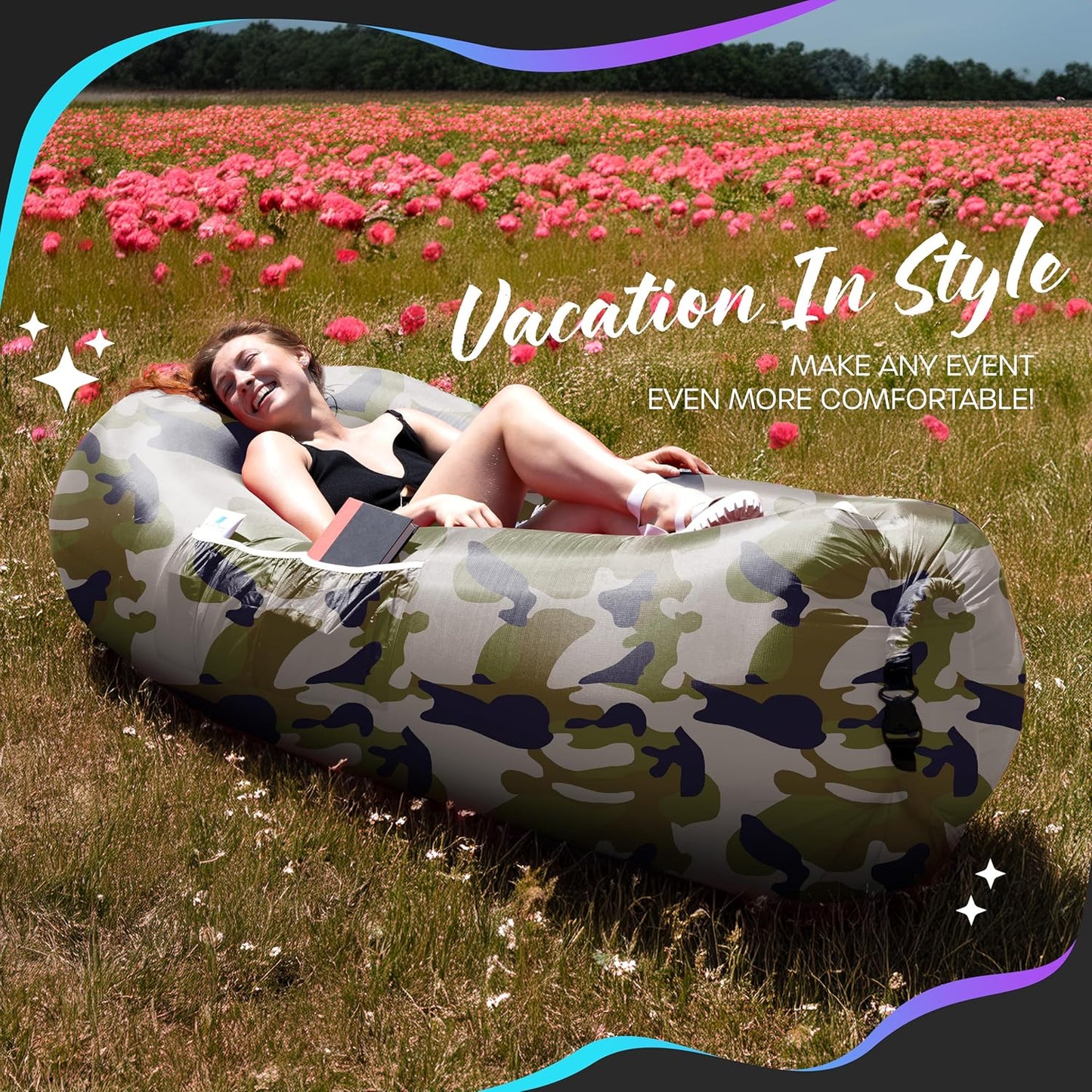Inflatable Lounger | 210T Polyester Inflatable Chair | No-Pump Blow up Couch | Camping Couch Air Sofa Bed W/ 450 Lbs. Cap., Pockets & Matching Bag | Use as Inflatable Couch for Adults & Kids