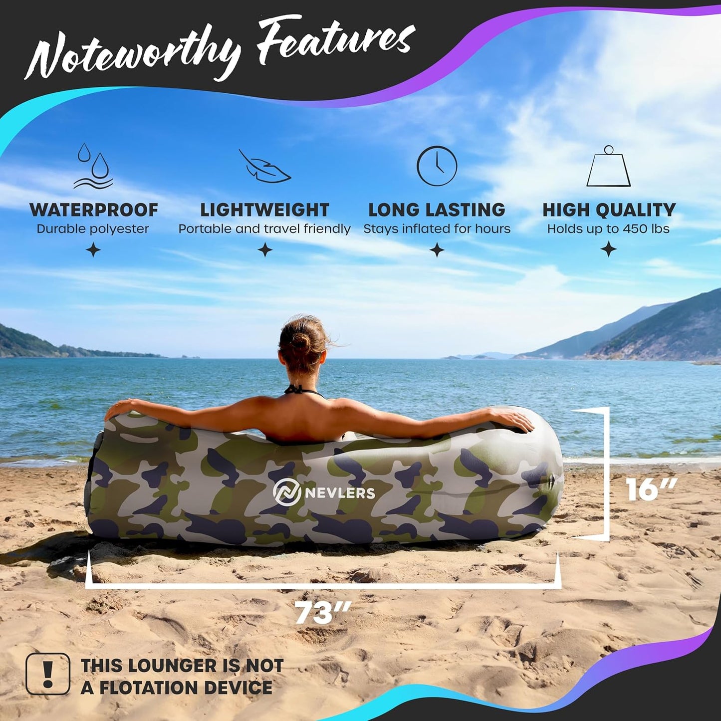 Inflatable Lounger | 210T Polyester Inflatable Chair | No-Pump Blow up Couch | Camping Couch Air Sofa Bed W/ 450 Lbs. Cap., Pockets & Matching Bag | Use as Inflatable Couch for Adults & Kids
