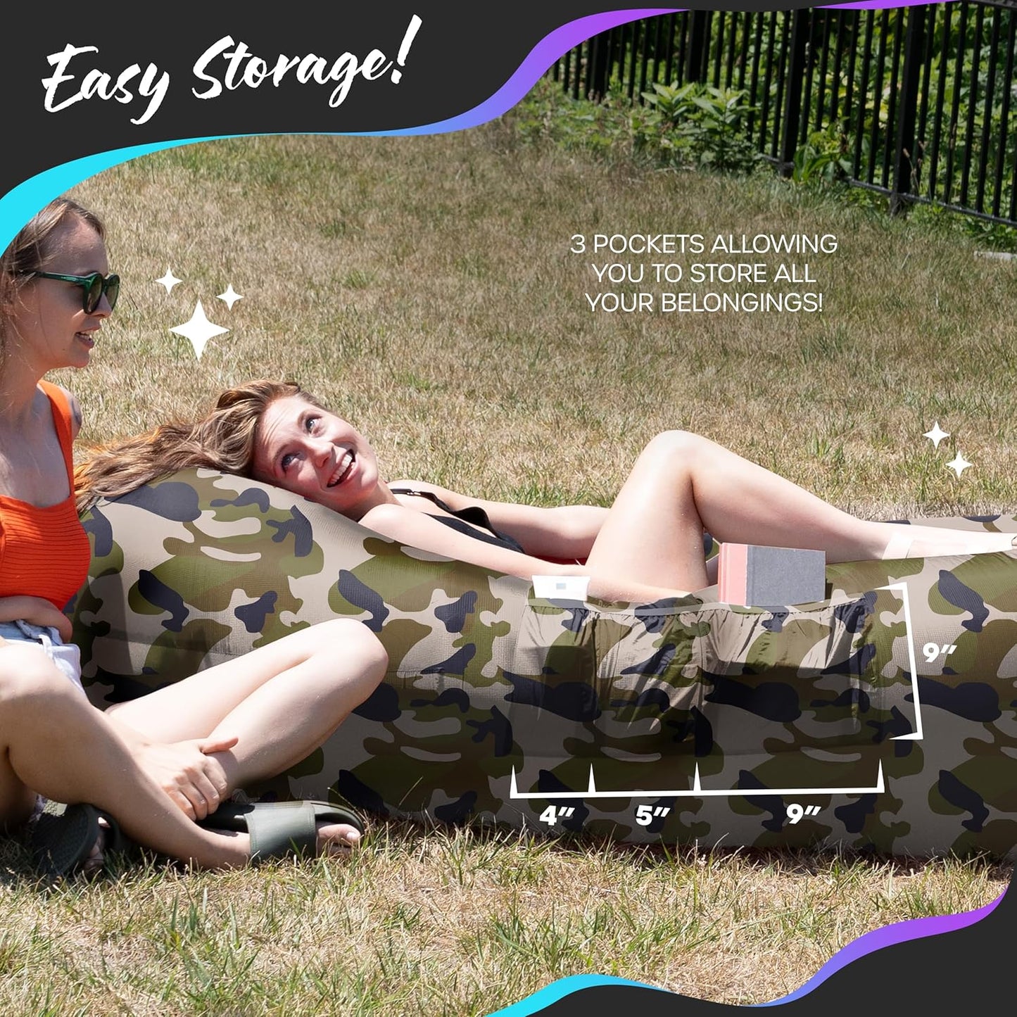 Inflatable Lounger | 210T Polyester Inflatable Chair | No-Pump Blow up Couch | Camping Couch Air Sofa Bed W/ 450 Lbs. Cap., Pockets & Matching Bag | Use as Inflatable Couch for Adults & Kids