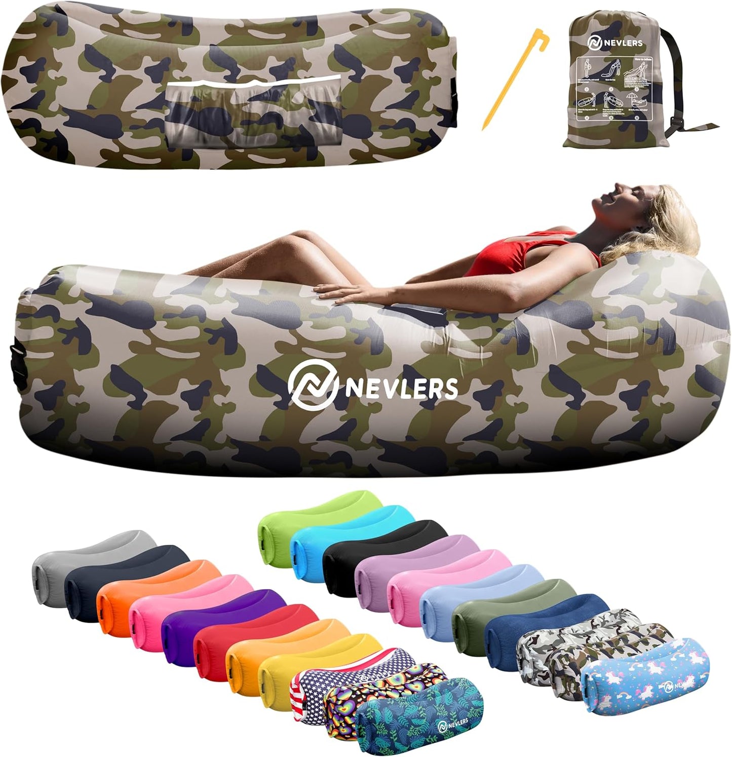 Inflatable Lounger | 210T Polyester Inflatable Chair | No-Pump Blow up Couch | Camping Couch Air Sofa Bed W/ 450 Lbs. Cap., Pockets & Matching Bag | Use as Inflatable Couch for Adults & Kids
