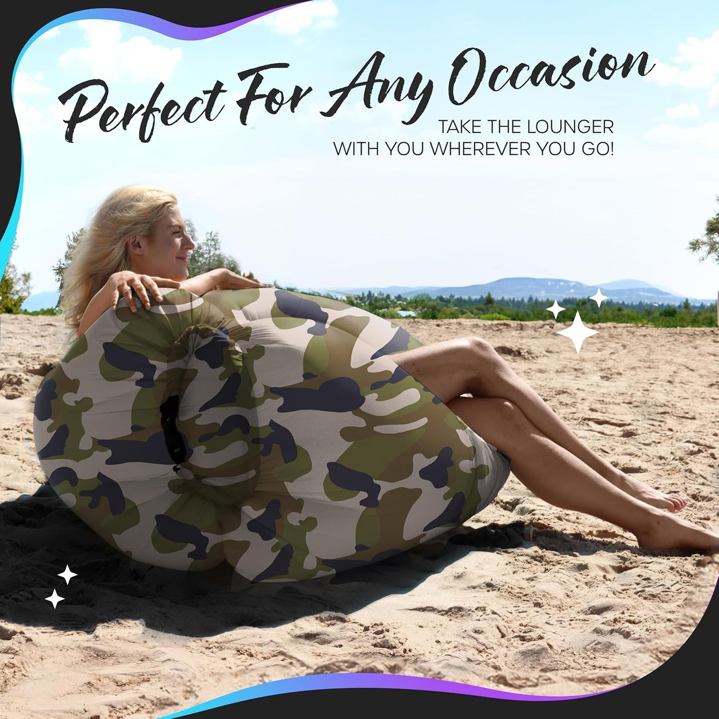 Inflatable Lounger | 210T Polyester Inflatable Chair | No-Pump Blow up Couch | Camping Couch Air Sofa Bed W/ 450 Lbs. Cap., Pockets & Matching Bag | Use as Inflatable Couch for Adults & Kids